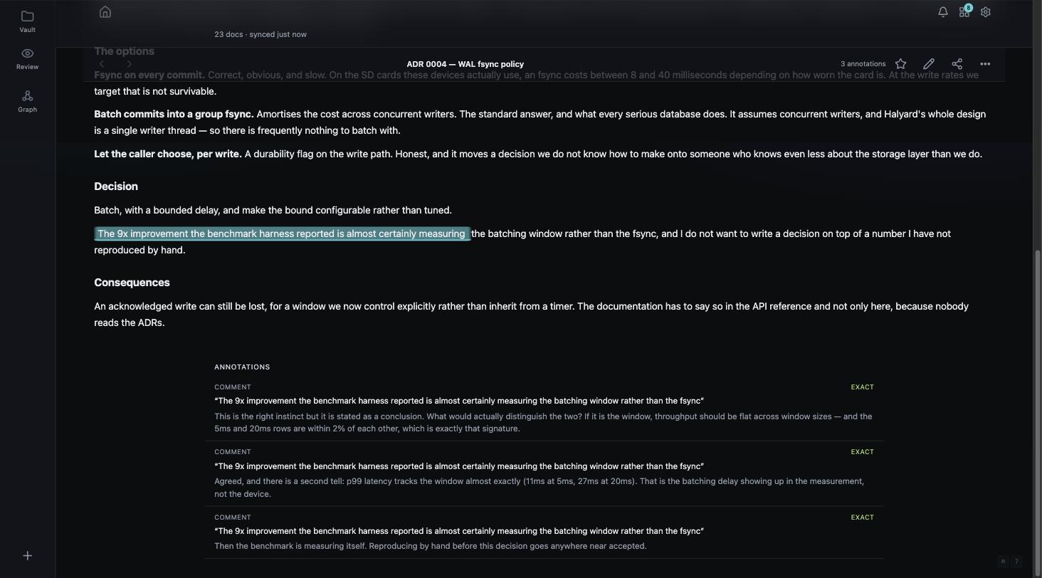 A highlighted passage inside a decision record, with a comment thread anchored to it